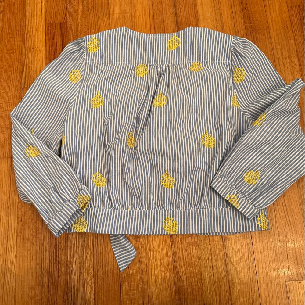 J Crew Womens Blue & White Striped WrapEmbroidered Pineapple Top Bluse Sz L(k11) - Picture 8 of 15
